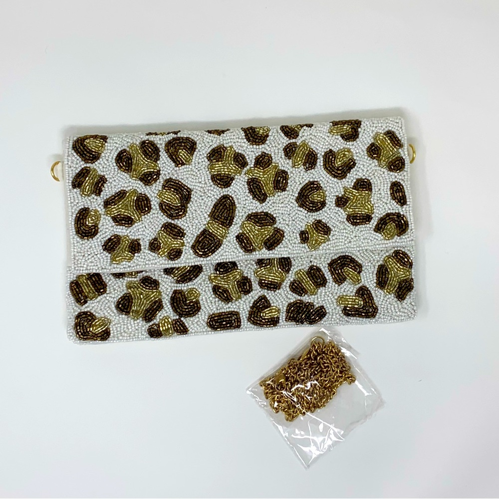 Leopard Print Beaded Clutch Crossbody Bag